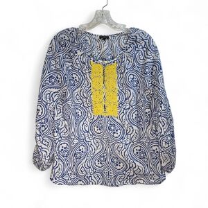 Talbots Top Size Medium Blue White Paisley Roll Tab Sleeve Yellow Beaded Details